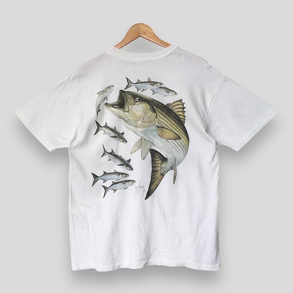 Vintage 90s Guy Harvey Fishing White Tshirt Large Guy Harvey Striped Bass Fish Graphics Printed Shirt Fishing Apparel Pocket Tee Hanes L