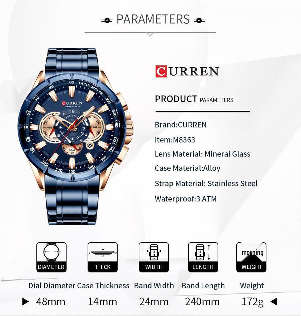 CURREN 8363 Men's Waterproof Quartz Steel Band Watch with Multifunctional Seven-Needle Design and Calendar/Weekday Display.