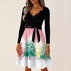 Women's Casual Fashion V Neck Long Sleeve Christmas Printed Party Vintage Long Dresses