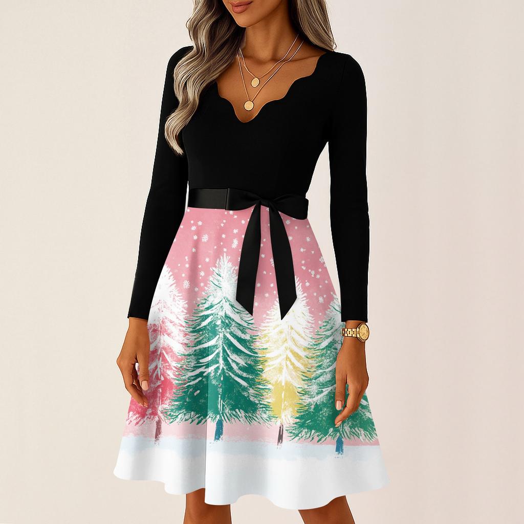 Women's Casual Fashion V Neck Long Sleeve Christmas Printed Party Vintage Long Dresses