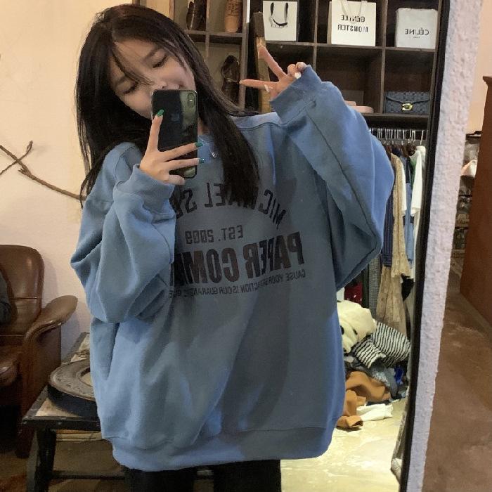 Women's Fleece Lined Loose Sweatshirt, Round Neck, 2025 Autumn/Winter Hong Kong Style, Japanese/Korean Casual Printed Top