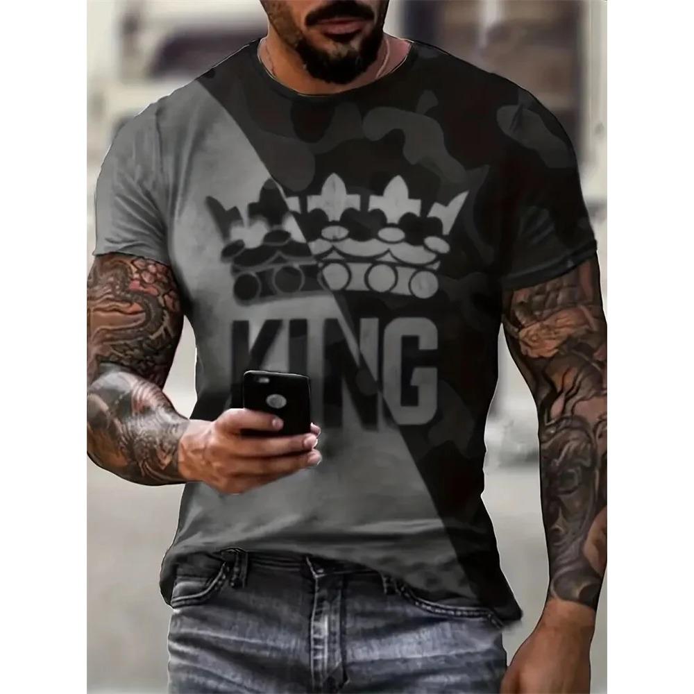 Spring and Autumn Round Neck 3D King Pattern Color Block Printed Top Fashionable Casual Long Sleeved Men's T-shirts