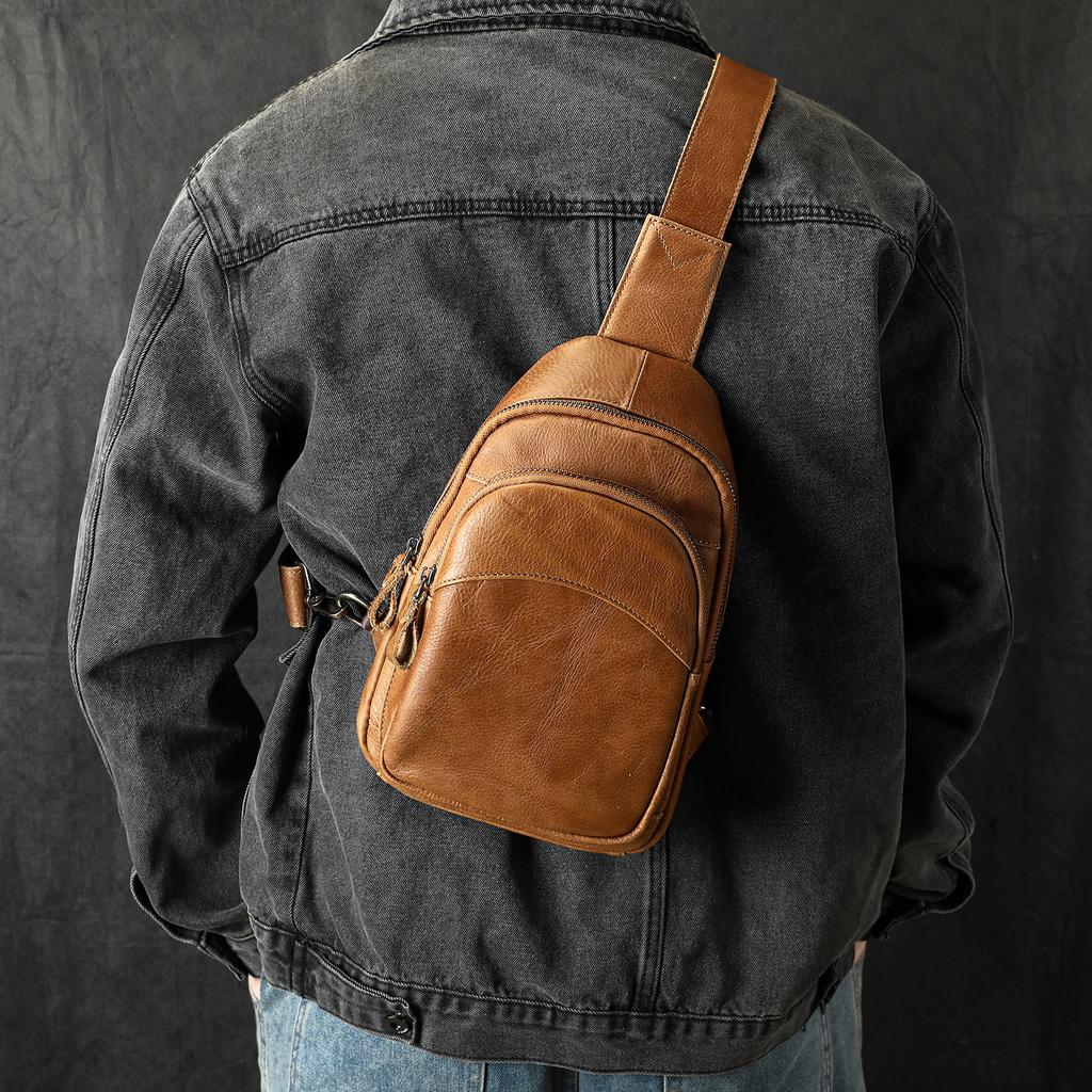 Men's Outdoor Sports Crossbody Bag, Retro Top Layer Cowhide Chest Bag, Multifunctional Genuine Leather Crossbody Waist Bag