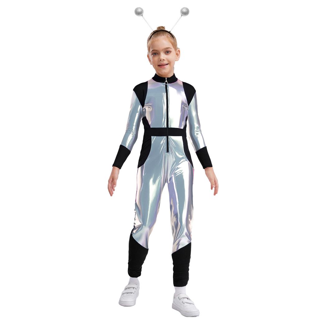 Dětský kostým mimozemšťana Cosplay Dlouhý rukáv Vysoký pas Lesklý kovový zip Kombinéza Halloweenský body
