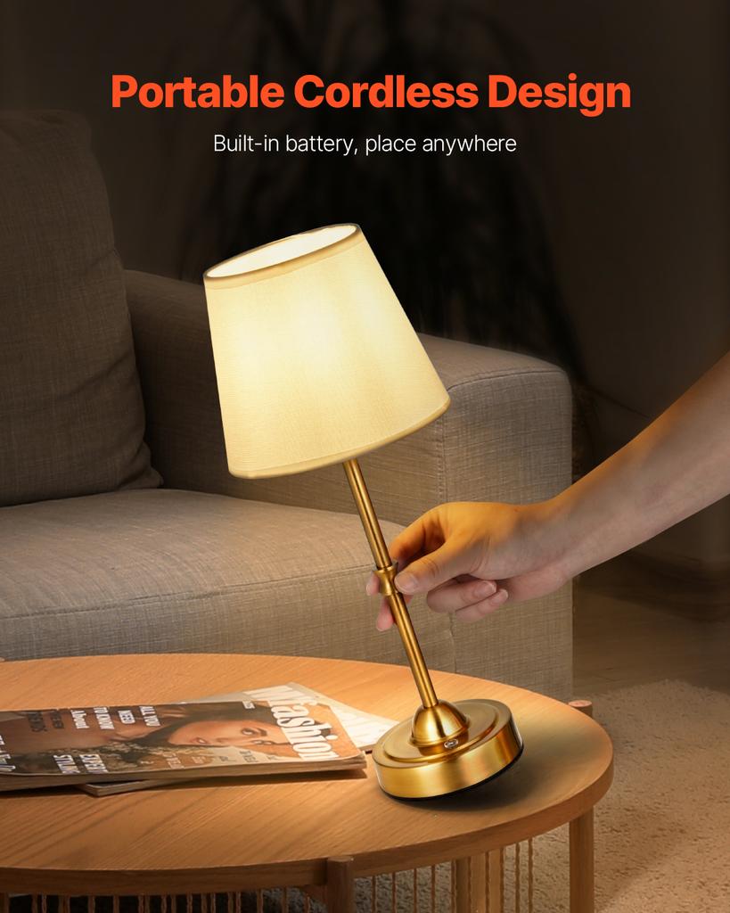 SucceBuy Cordless Table Lamp 5200mAh Built-in Rechargeable Battery Desk Lamp 3-Level Brightness Fabric Shade Color Temperature