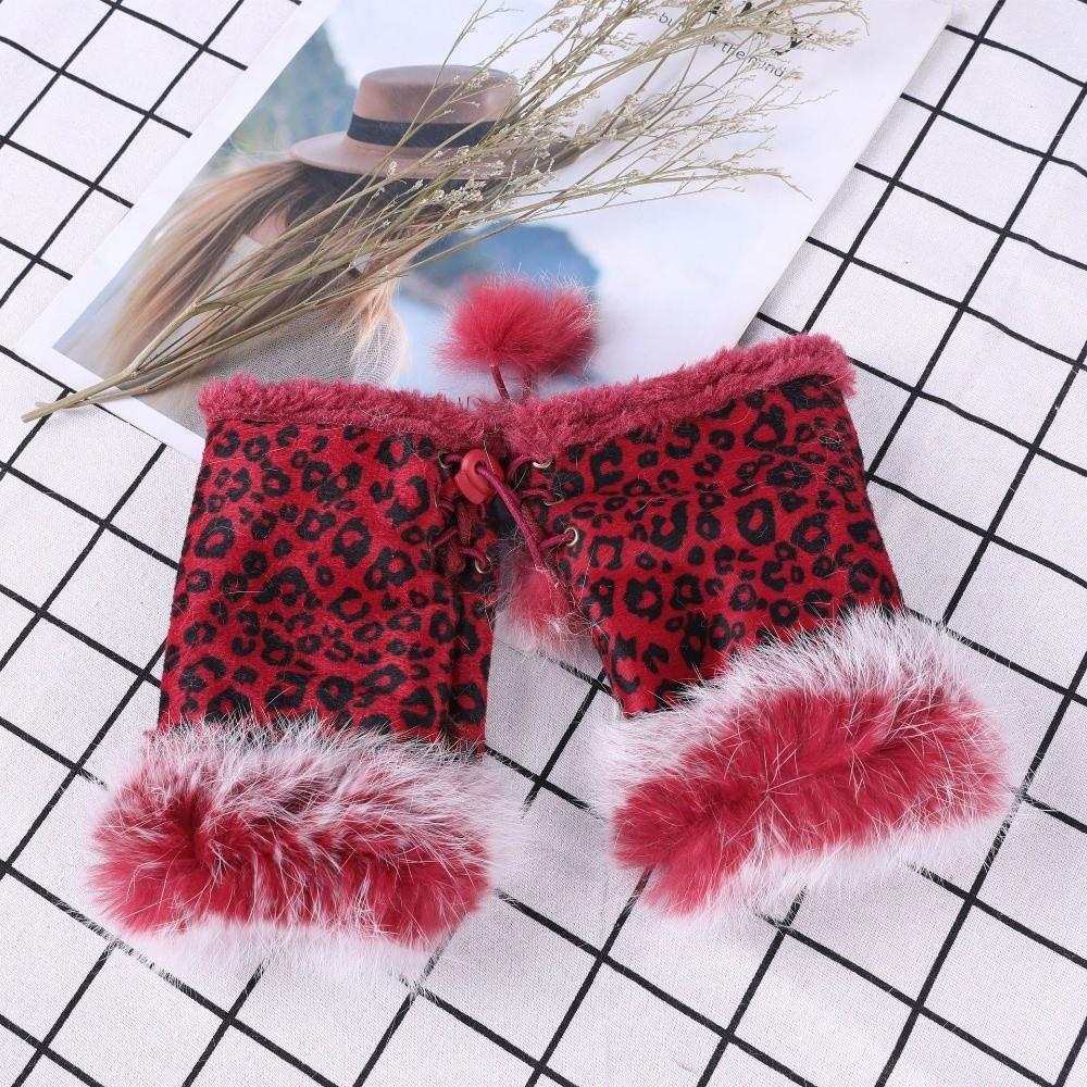 Thicken Warm Fingerless Mittens Suede Wrist Warmers Y2K Leopard Print Gloves  Women