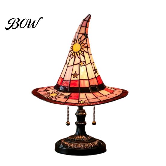 Warm Ambient Lighting Stained Glass Style Witch Hat Lamp, USB Powered Resin Wizard Night Light Retro Gothic Lamp with Sun Star, Halloween Table
