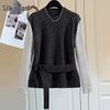 Women's Round Neck Spliced Long Sleeve Knit Pullover