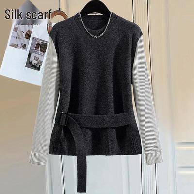 Women's Round Neck Spliced Long Sleeve Knit Pullover