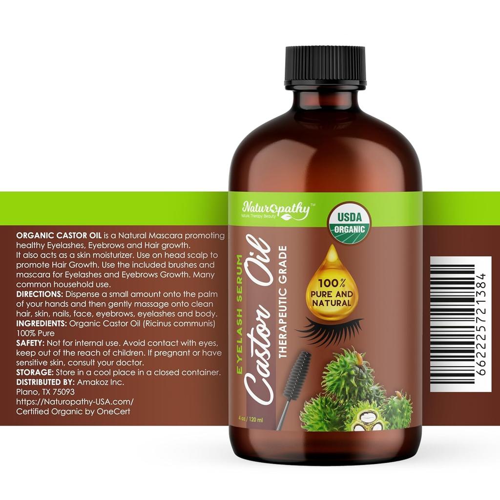 Schoonheid Speciale Ricinusolie, 100% Biologisch, Zonder Toevoegingen, Koudgeperst, 4oz (120ml), voor Wimper-, Wenkbrauw- en Hoofdhuidgroei, met Borsteltje