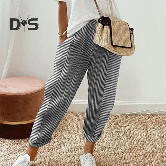 Damen Freizeithose Elastische Taille Mittelhohe Sommer-Jacquard-Lange Hose mit Taschen Streifenmuster Locker sitzende Hose