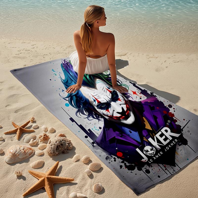 proof beach towel with a Joker character pattern - soft,absorbent,quick-drying,machine washable - perfect for swimming,camping,bathing