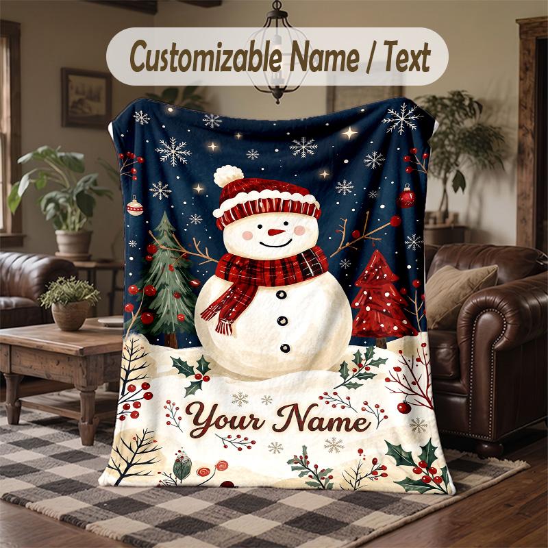 Winter Snowman Celebration Theme Throw Blanket Custom Name Text Personalized Blanket Soft Cozy Blanket for Home Sofa Bed
