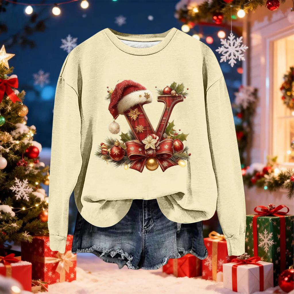 Women's Fashionable Casual Long-Sleeved Christmas Letter Print Crew-Neck Sweatshirt