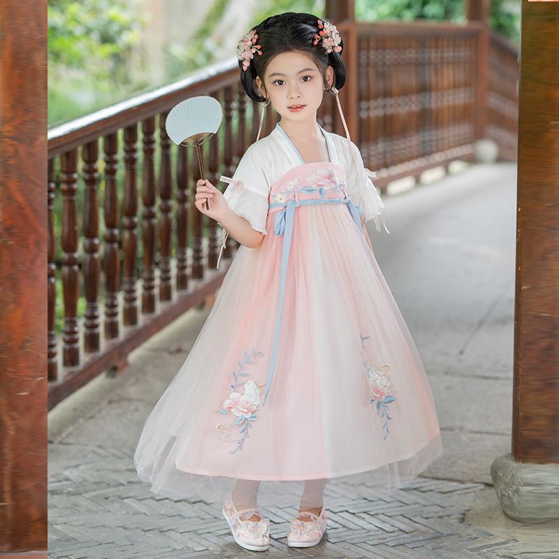 Qibo Girls Ancient Style Rabbit Short Sleeve Hanfu Dress 150
