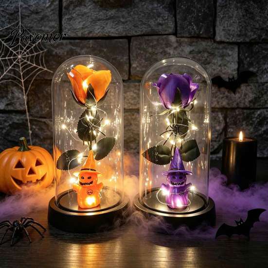 Spider Theme Party Props Halloween Indoor Light Up Rose In Plastic Dome Cloche, Artificial Preserved Decorative Glass Cloche Display Night with