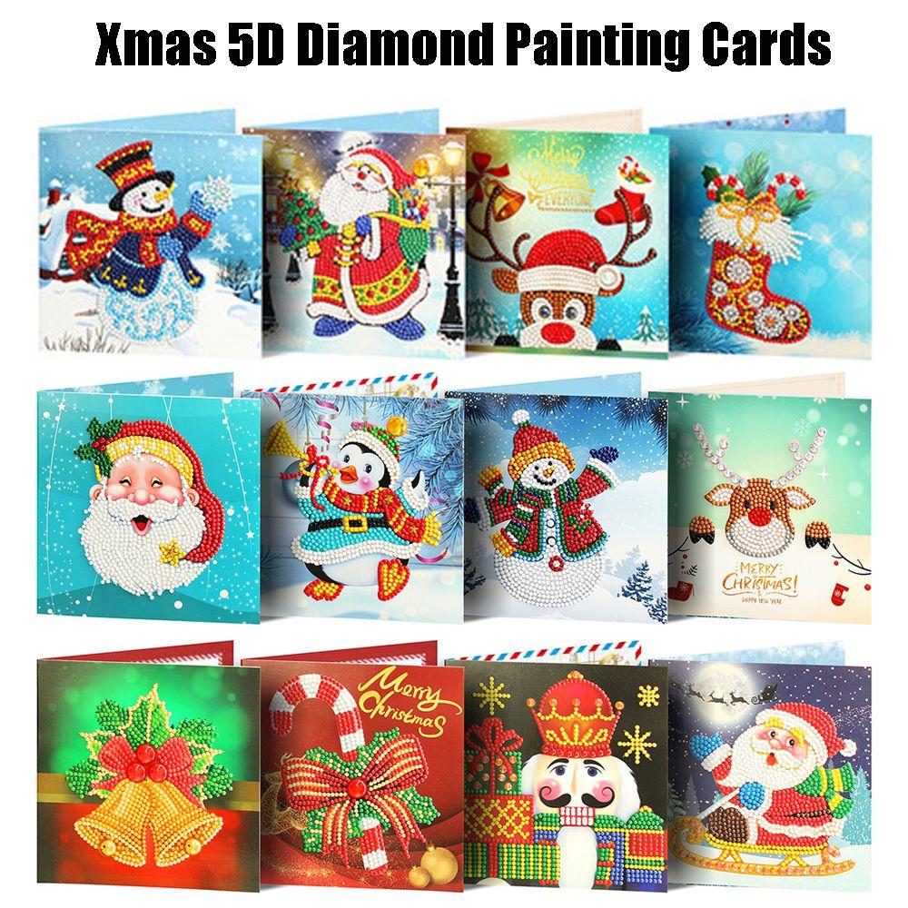 

Shape Rhinestones Santa Claus Greeting Postcards Christmas Cards Xmas Card 5D Diamond Painting 8PCS Style 1