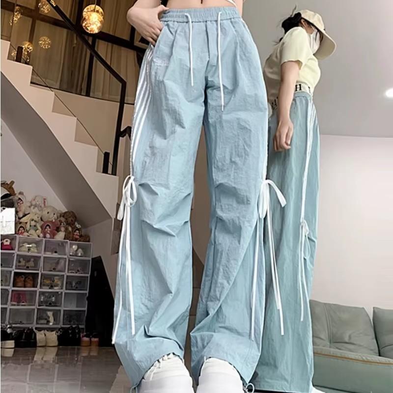 Bow Striped Pants Women Summer High Waist Loose Casual Pants Korean Style Spicy Girl Versatile Full Length Trousers Female