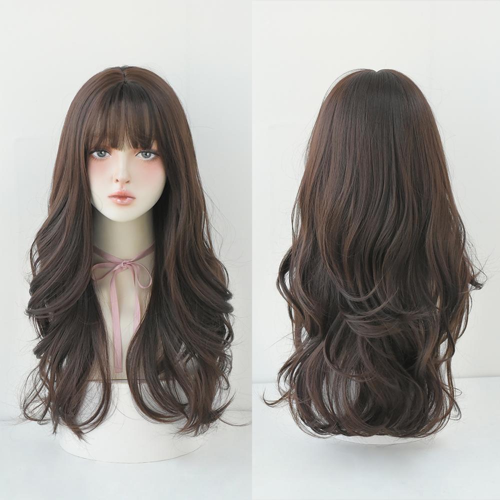 Lange Lockige Haare Damen Perücke mit Pony Täglich Braun Schwarz Rosa Lolita Cosplay Geflochtene Perücken Hitzebeständige Faser Party Kunsthaar