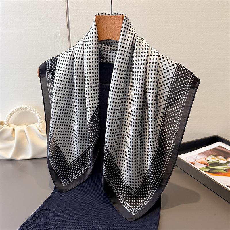 Retro French Polka Dot Spring/ Lightweight Faux Silk Printed Small Scarf Shawl Neckerchief with a High-end Feel for Women