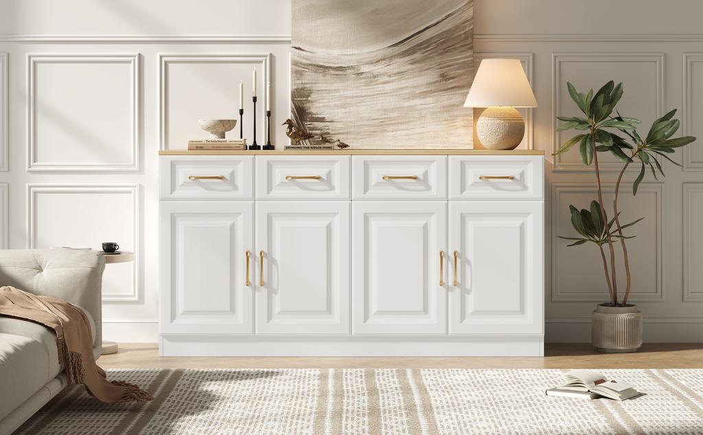 140 Cm Sideboard Buffet Cabinet, Coffee Bar Cabinet with 4 Drawers and 4 Barn Doors, Farmhouse Style, White Wood, for Kitchen, Dining, Living Room