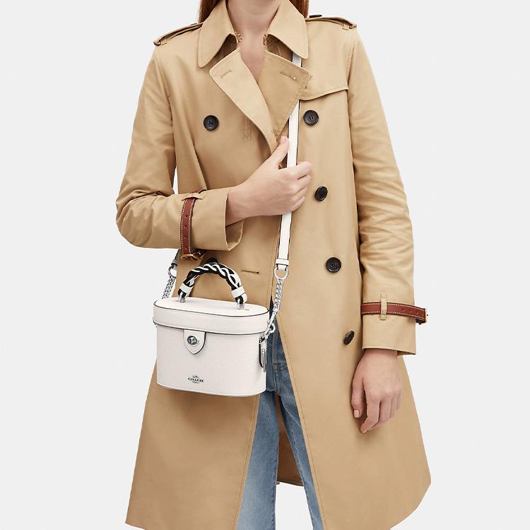 Coach Kay 20 Solid Color Logo Woven Handle Turn Lock Leather Bucket Bag Women Shoulder Bag White CJ612-SVHA