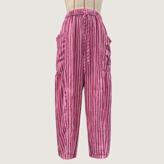 Women Pants Elastic Waist Striped Design Wide Leg Casual Trousers with Pockets Work Travel School All Day Wear