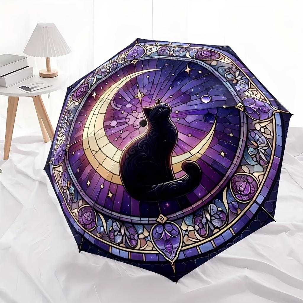 Black Cat Print Folding Umbrella, Stylish and Cool, Ideal for Daily Commutes, Lightweight and Durable, Large Size, Adjustable, Perfect for T