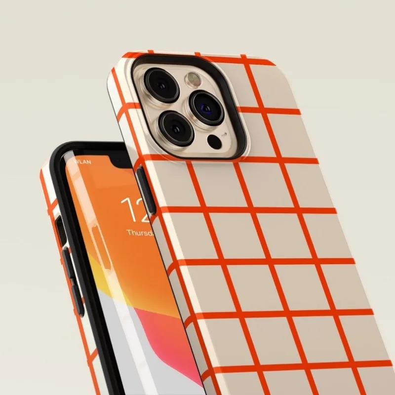 luxury Clmj Plaid Orange Phone Case for iPhone 16 15 14 13 12 11 Pro Max Plus Luxury Magnetic Double-layer Back Cover