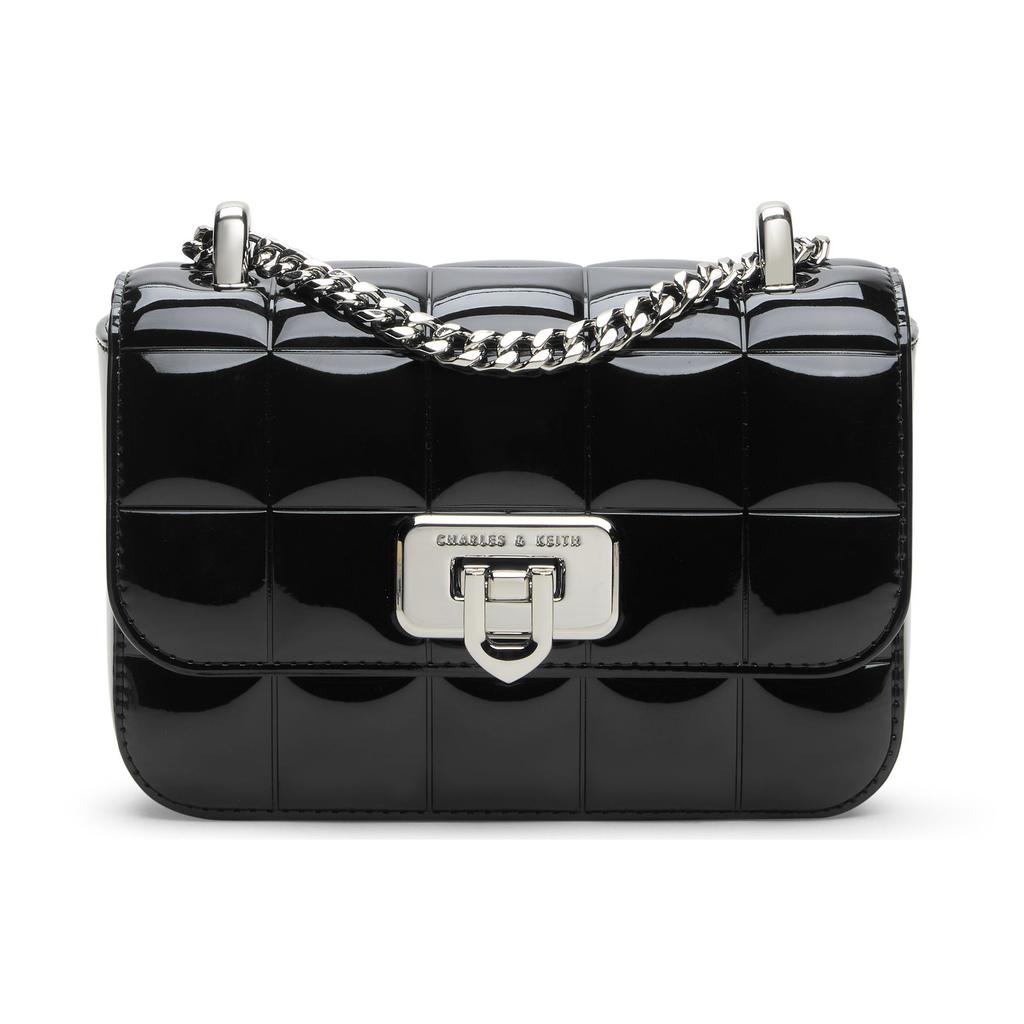 Charles & Keith Evening Party Mirror Checkered Chain Crossbody Bag Small Women bags Black Pink Silver CK2-80681154