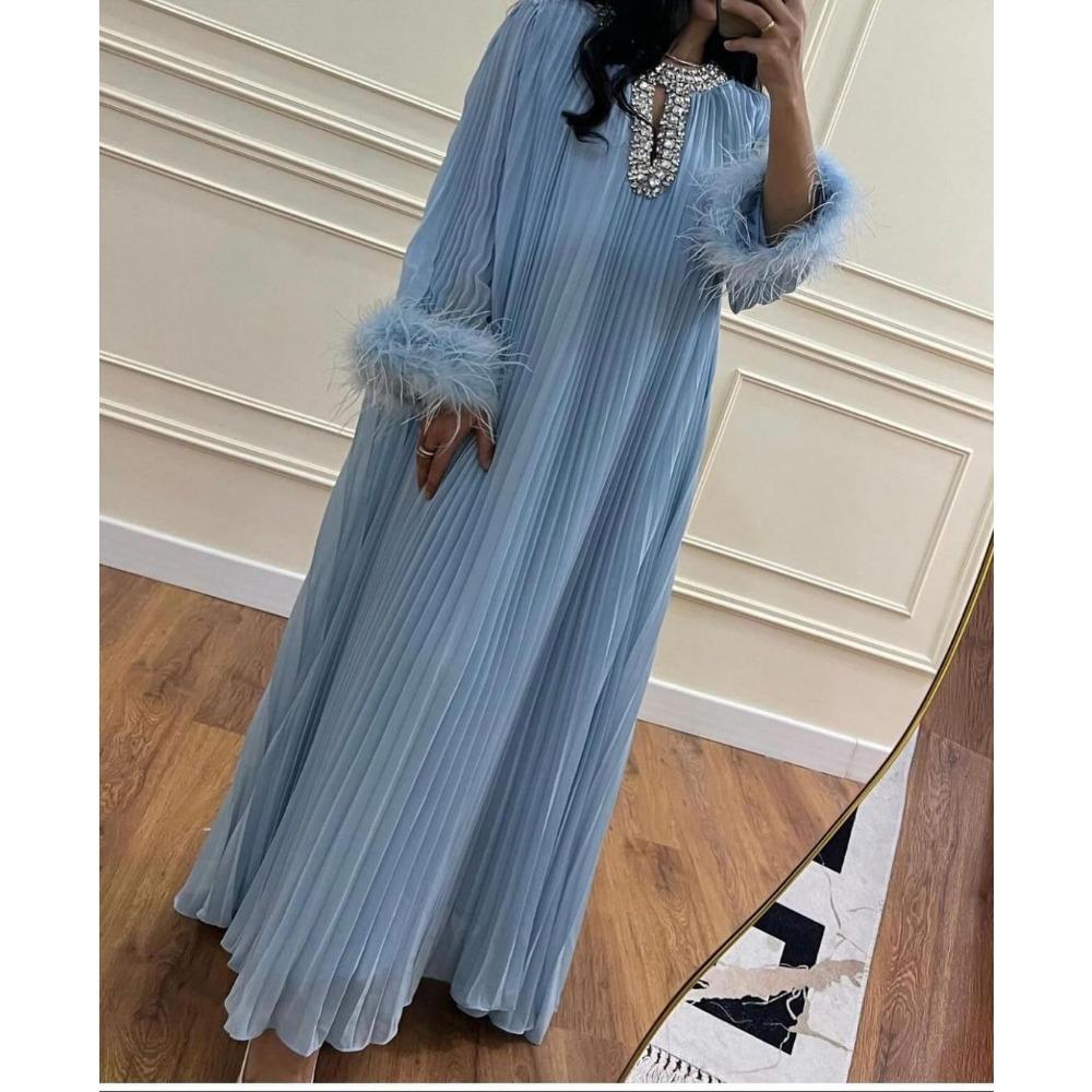 Autumn New Elegant Solid Color Dress Round Neck Diamond Loose Fluffy Splicing Pleated Dress