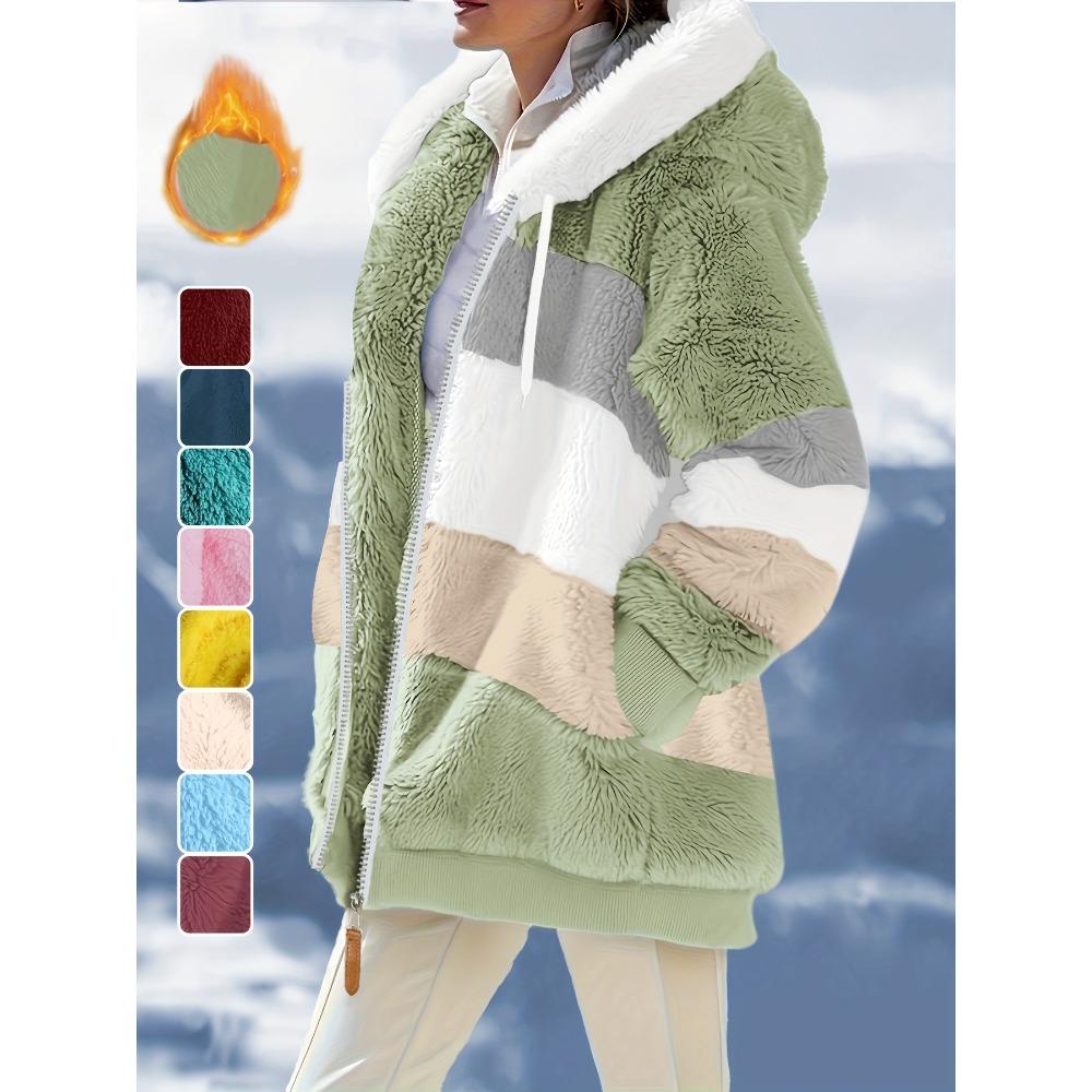 Damen Mehrfarbiger Flauschiger Kapuzenmantel, Lockere Warme Plüschjacke für Herbst Winter