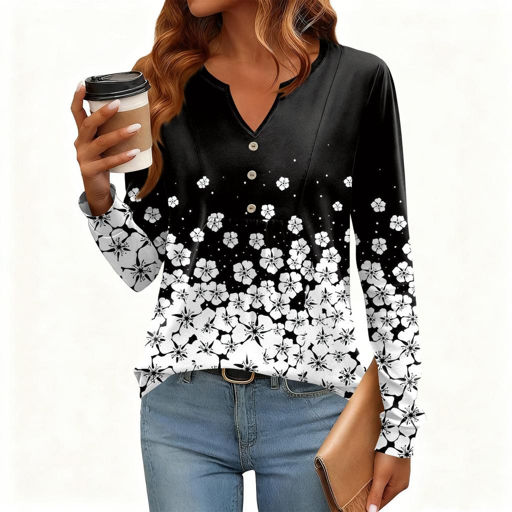 Γυναικείο Χαλαρό, V-λαιμόκοψη, Ρετρό Χρώμα, Μπλοκ με Φλοράλ Σχέδιο, Μακρυμάνικο Πουλόβερ T-shirt