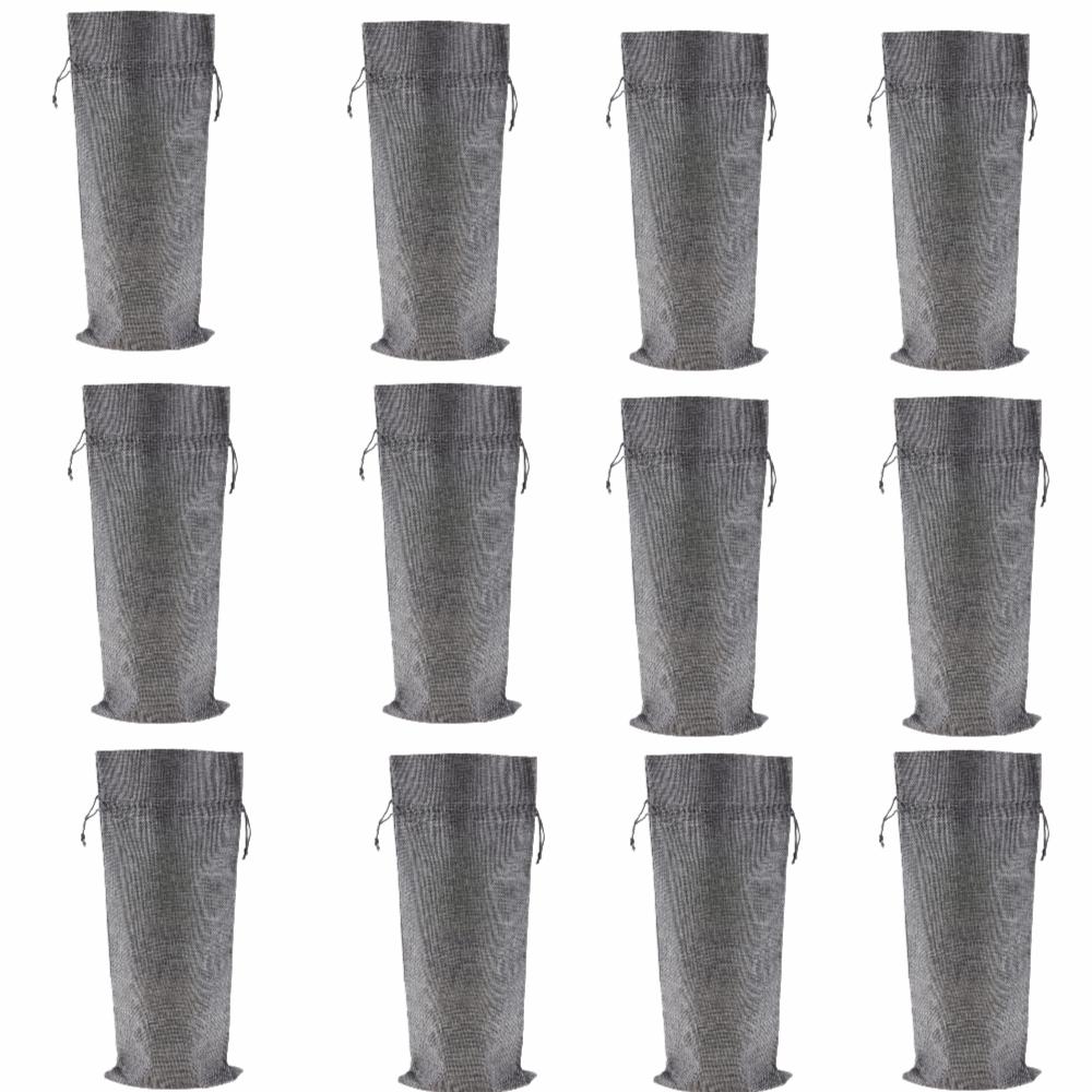 12pcs Grey Linen Fabric Wine Bag Drawstring Closure Burlap Wine Bag  Wedding Favors