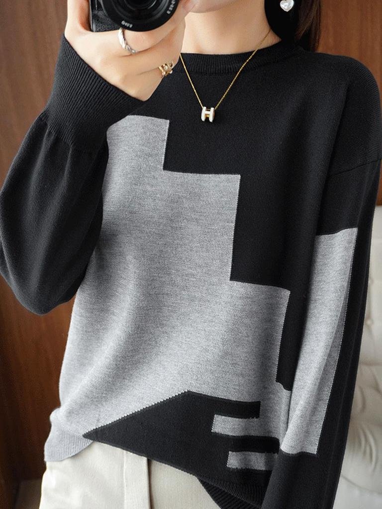 Doors Knit Top with Paneled Round Long Office Loose Long and Panels, Neck, Sleeves, Fall/Winter Pullover, Workwear, Wear, Fit, Comfortable, Sleeves,