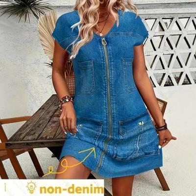 Women S Short Sleeve V Neck A Line Mini Dress Denim Print