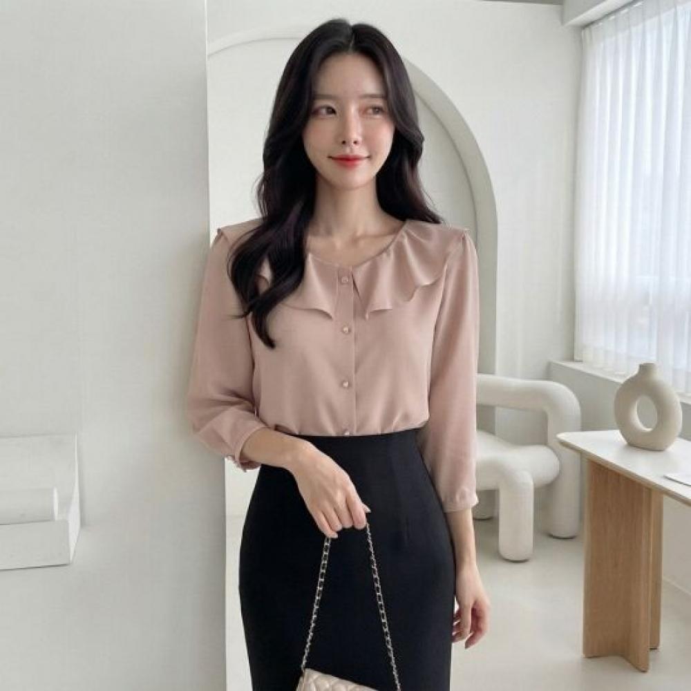 Style Latte Round Neck Pearl Button Ruffle Chiffon Blouse