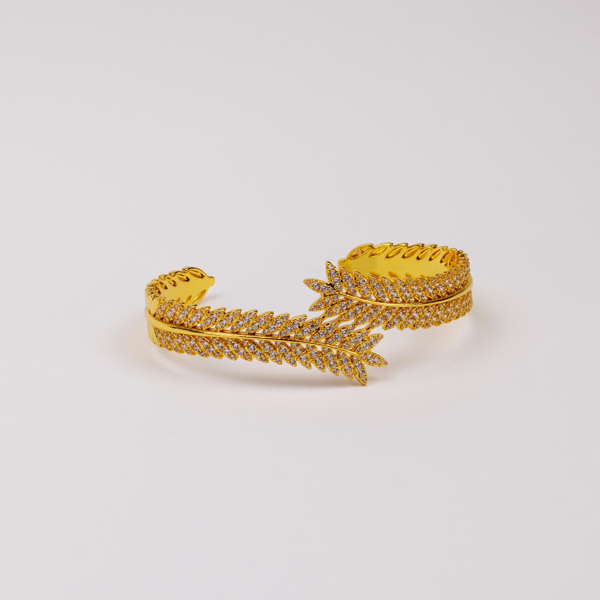 Copper Inlaid Zircon Wheat Ear Open Bracelet & Ring Set - Women s Luxury European American Style