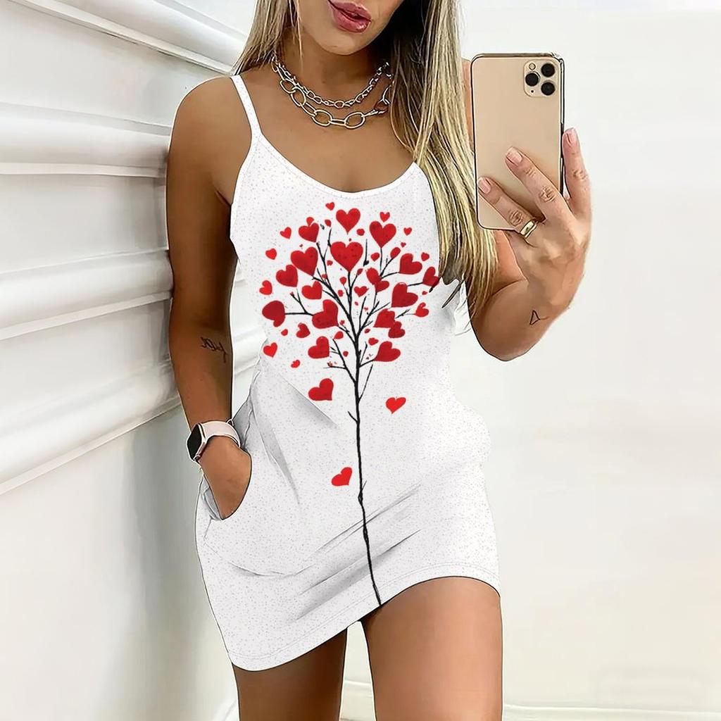Robe moulante sans manches imprimée motifs cœur, nouvelle collection été, avec poches, sexy, coupe ajustée, élégante, robe de soirée