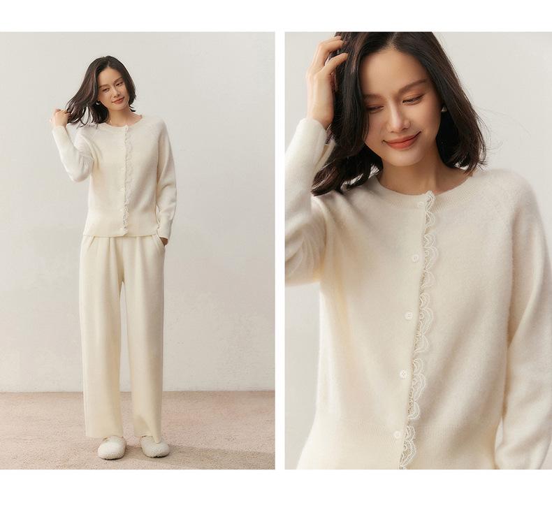 Women's Autumn Cashmere Round Neck Lace Knit Cardigan Sweater - Korean Style, Solid Color, Outerwear Option