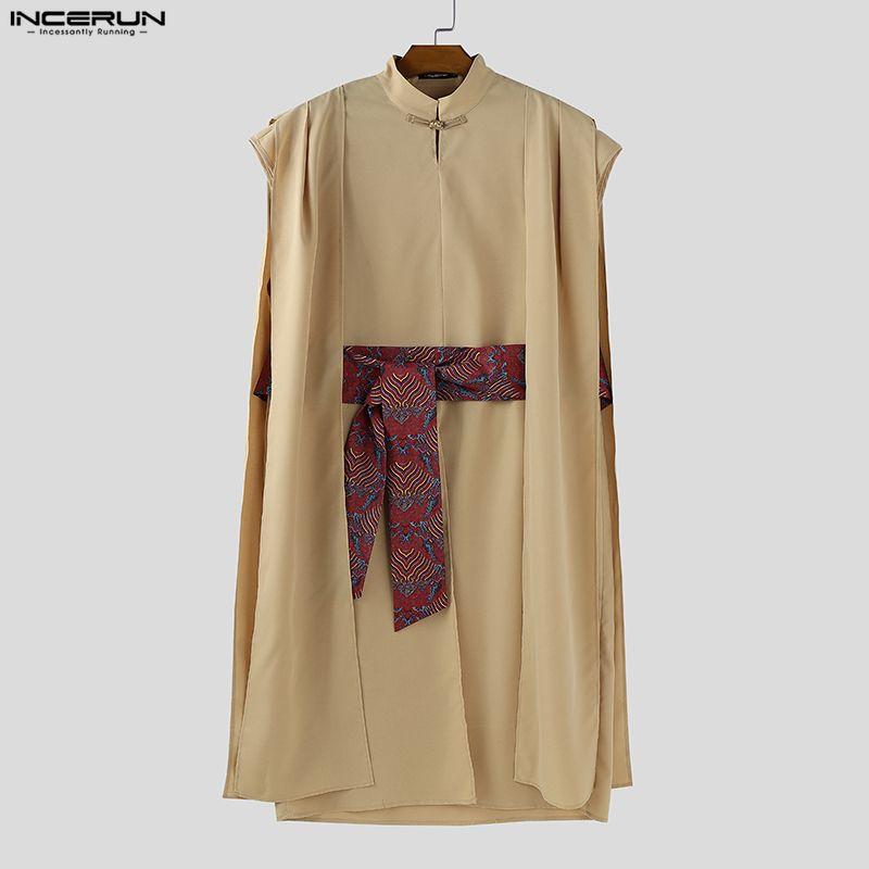 INCERUN Men Sleeveless Layers High Splits Ribbon Belt Casual Long T-shirts Tops