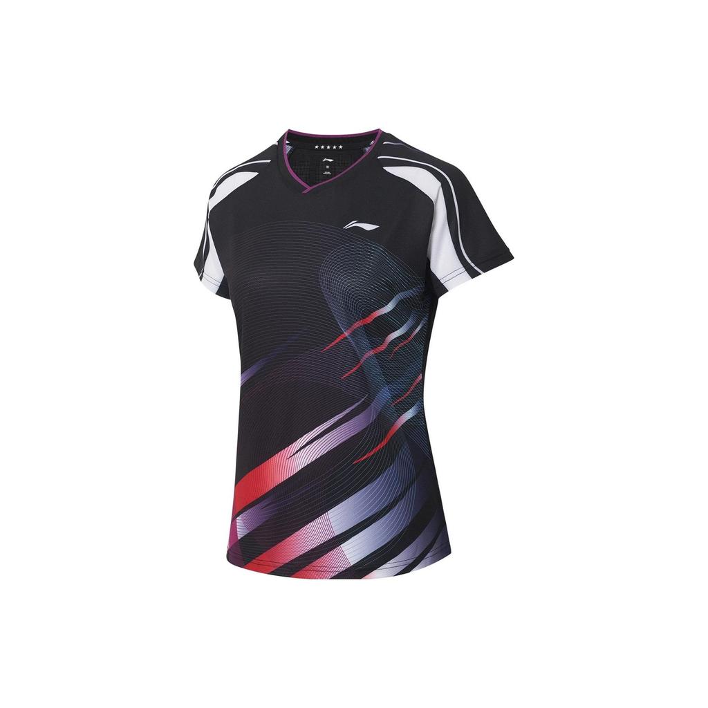 Li Ning Table Tennis Series Geometric Pattern Printed Logo Quick-Dry V-Neck Short Sleeve T-Shirt Women Tops Black AAYS238-3