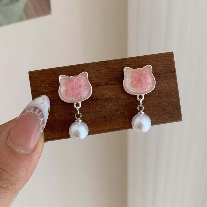 

1Pair Cute Cartoon Kt Earrings Kawaii Pink Cherry Blossoms Pearl Earrings For Women Minimalist Fine Jewelry Bead Accessories
