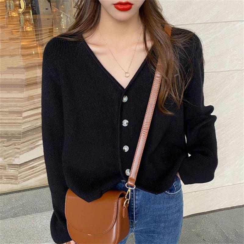 Autumn and Winter V-neck Solid Color Knitted Cardigan Top Women's Loose Lazy Style Sweater Jacket Versatile Commuter Style
