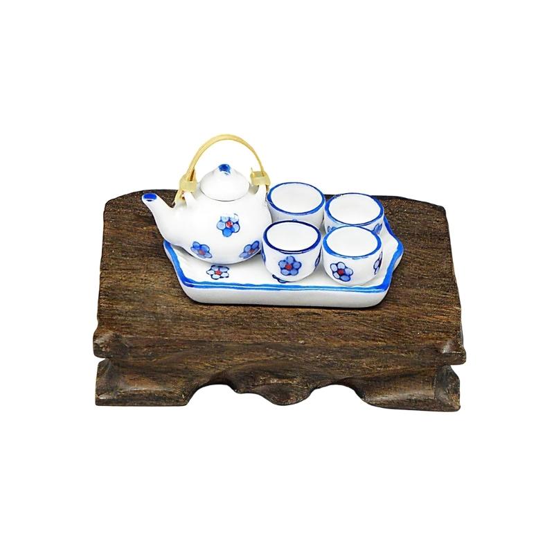 Miniature Teaware Set Model For Children And Collectors With Blue White Porcelain Teapot Cup Tray Doll House Furniture