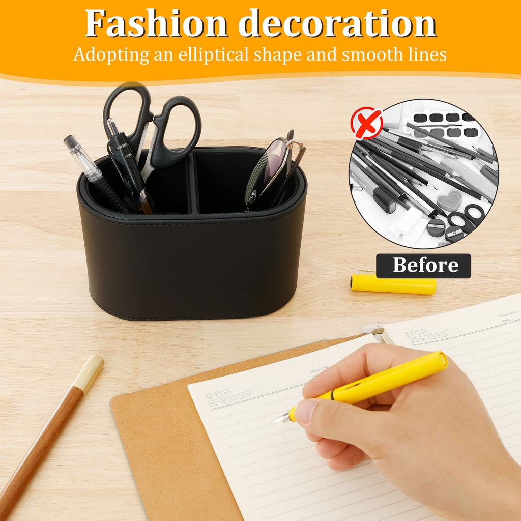 Pen Holder PU Leather Desktop Organizer Caddy with 2 Compartments Multifunctional Remote Control Holder for Home School Office