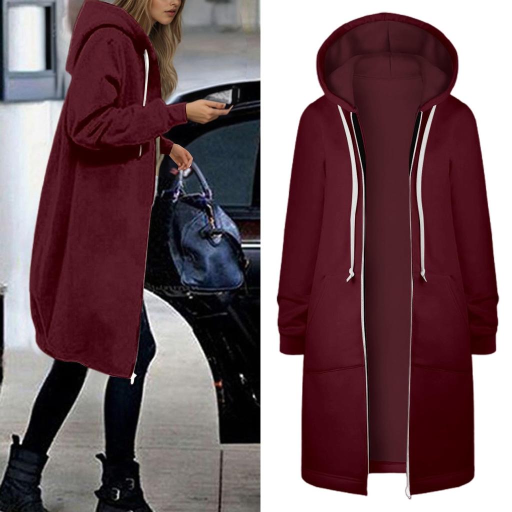 Women's Fashionable Solid Color Long Sleeved Pocket Long Hoodies Zipper Casual Coat Fall Jackets Sweatshirts Clothes