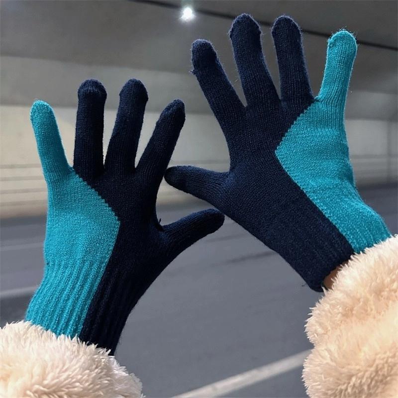 Touchscreen Gloves Korean Style Color Block Fingerless Cute Knitted Fleece Lined Thick Warm Winter Windproof Gloves