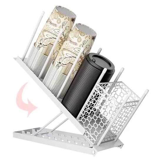 Coffee Cup Holder Lid Organizer with Straw Holder 4 Compartment Coffee Cup Dispenser Adjustable Coffee Bar Organizer