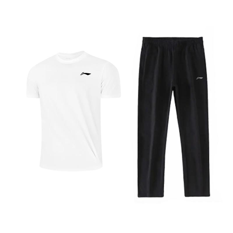 

Li-Ning Plain Simple Fashion Loose Breathable Comfortable Versatile Round Neck Pullover Short Sleeve T-Shirt Casual Sports Set YATV113-1+AKLU881-1 XL